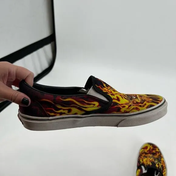 VANS Samurai Rising Classic Slip-On Canvas Skate Shoes Flames Black mens size 10