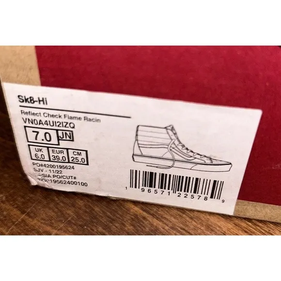 Vans SK8-Hi reflect check flame racin skateboard shoes sneakers Jr's Size 7 NIB