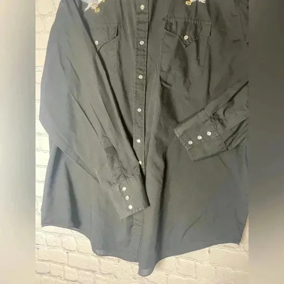 Vintage High Noon Western Shirt Black Long Pearl Snaps Silver Eagle Mens 2XL RG