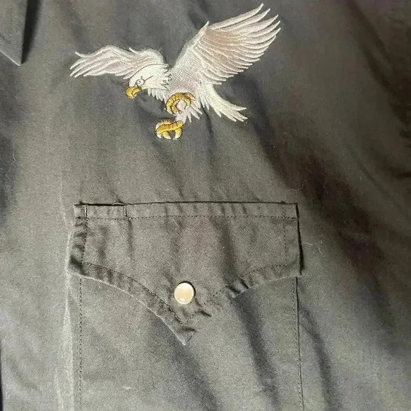 Vintage High Noon Western Shirt Black Long Pearl Snaps Silver Eagle Mens 2XL RG
