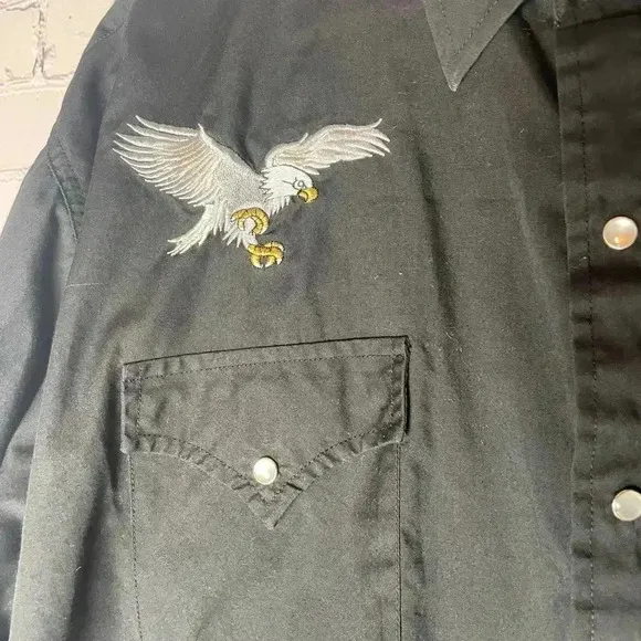 Vintage High Noon Western Shirt Black Long Pearl Snaps Silver Eagle Mens 2XL RG