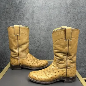 Vintage Justin Boots Men 5B Full Quill Ostrich Tan Leather Rodeo Western USA