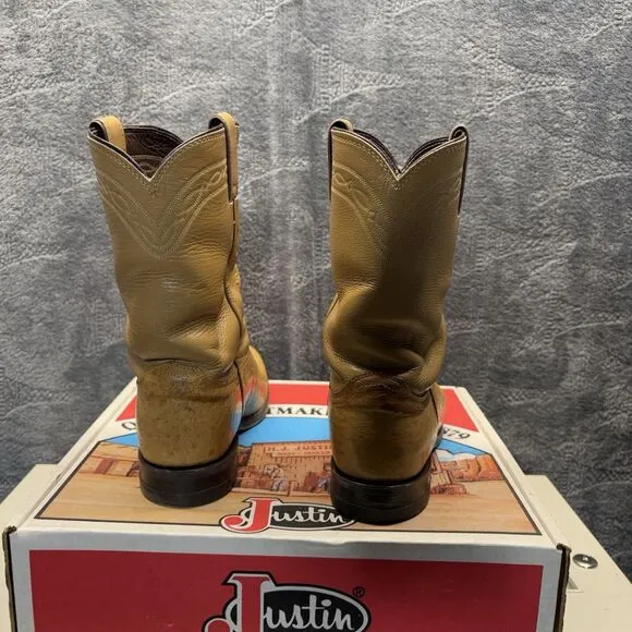 Vintage Justin Boots Men 9.5D Antique Saddle Smooth Ostrich Cowboy Rodeo Western