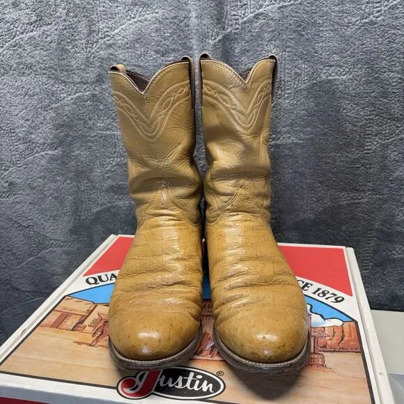 Vintage Justin Boots Men 9.5D Antique Saddle Smooth Ostrich Cowboy Rodeo Western