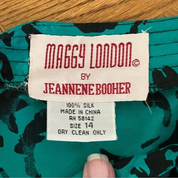 Vintage Maggy London 100% silk blazer green/black long sleeve 80s jacket size 14