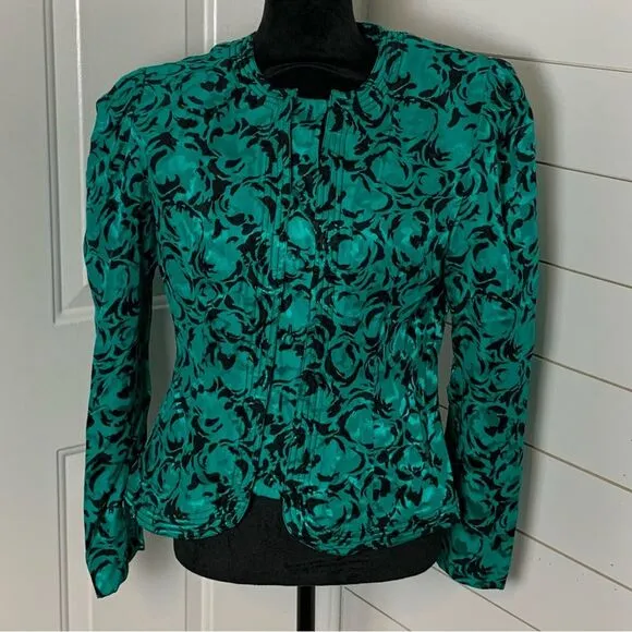 Vintage Maggy London 100% silk blazer green/black long sleeve 80s jacket size 14