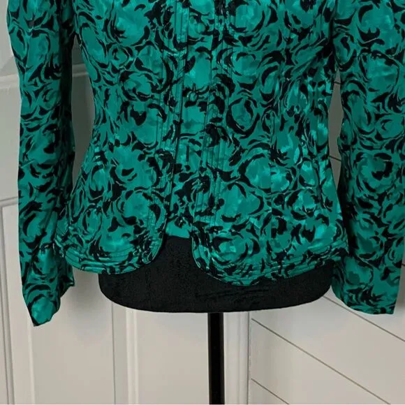 Vintage Maggy London 100% silk blazer green/black long sleeve 80s jacket size 14