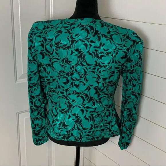 Vintage Maggy London 100% silk blazer green/black long sleeve 80s jacket size 14