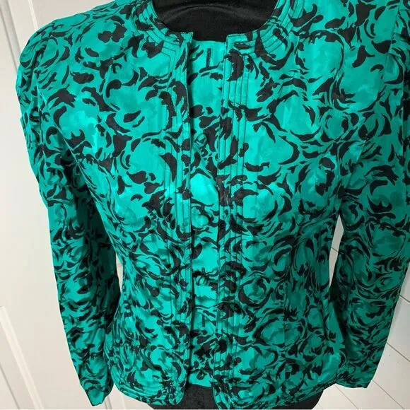 Vintage Maggy London 100% silk blazer green/black long sleeve 80s jacket size 14
