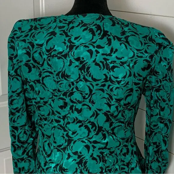 Vintage Maggy London 100% silk blazer green/black long sleeve 80s jacket size 14