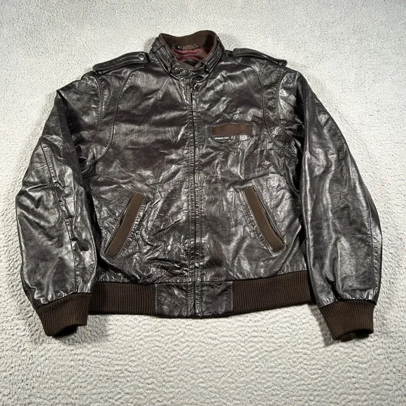 Vintage Members Only Bomber Leather  Jacket Men 42 Full-Zip Brown Grunge Biker