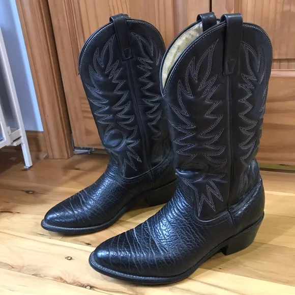 Vintage Mens Mason Black Leather Pull On Cowboy Boots Preowned Size 9 USA
