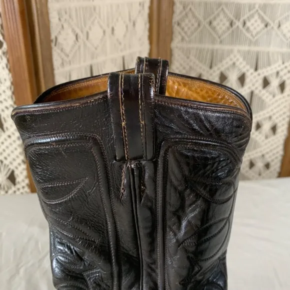 Vintage Tony Lama Dark Brown Black Leather Western Boots Men size 10 Made in USA
