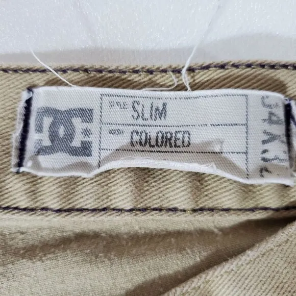 VTG DC Shoes Tan Jean 34/28 Button Fly Slim Skateboard Stretch Leather Logo