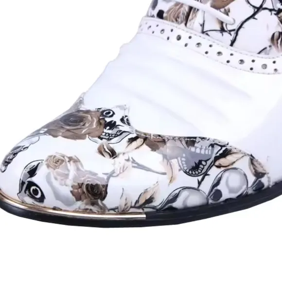 White Men Skull Punk Western Cowboy Boots Mens Heel Leather Shoes Sz 44/9.5
