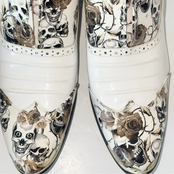 White Men Skull Punk Western Cowboy Boots Mens Heel Leather Shoes Sz 44/9.5