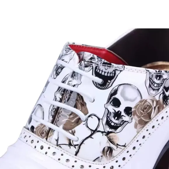 White Men Skull Punk Western Cowboy Boots Mens Heel Leather Shoes Sz 44/9.5