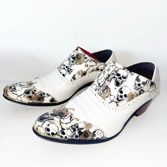 White Men Skull Punk Western Cowboy Boots Mens Heel Leather Shoes Sz 44/9.5