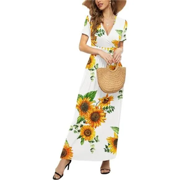 Women's Summer Short Sleeves Dress Wrap Waist Maxi Dresses with