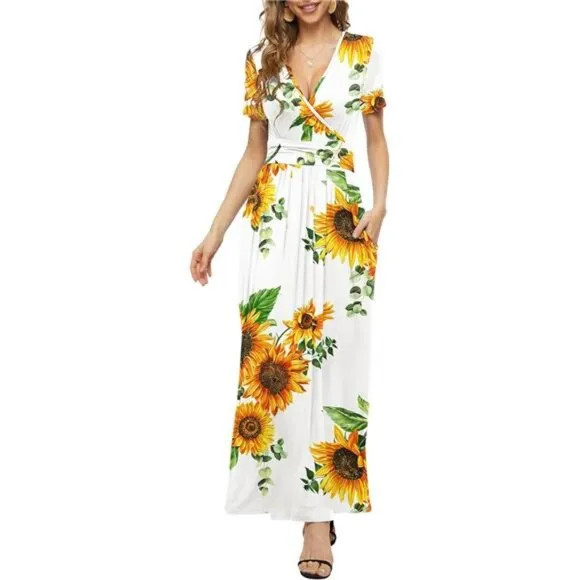 Women's Summer Short Sleeves Dress Wrap Waist Maxi Dresses with