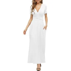 Women's Summer Short Sleeves Dress Wrap Waist Maxi Dresses