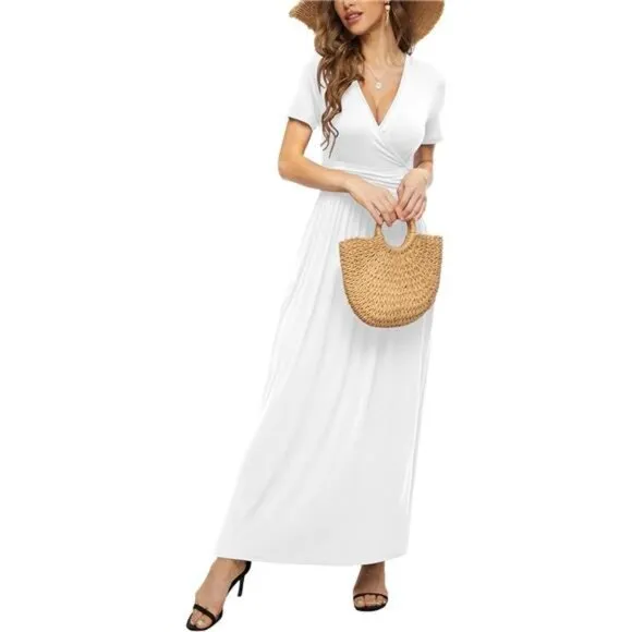 Women's Summer Short Sleeves Dress Wrap Waist Maxi Dresses