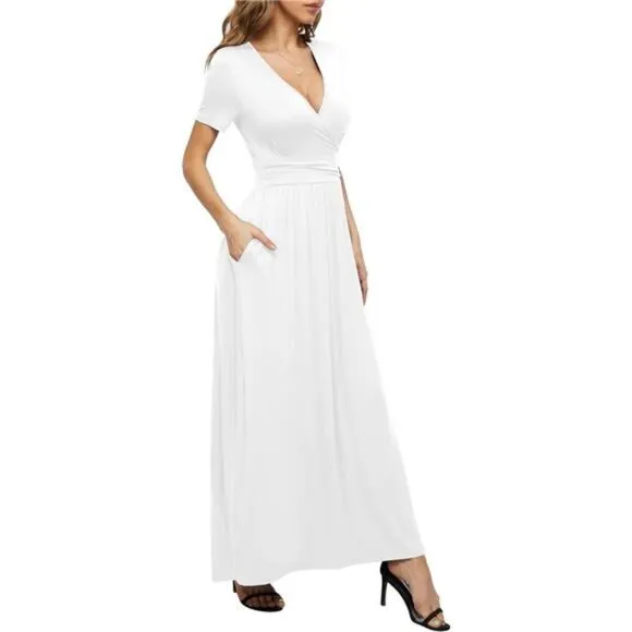Women's Summer Short Sleeves Dress Wrap Waist Maxi Dresses