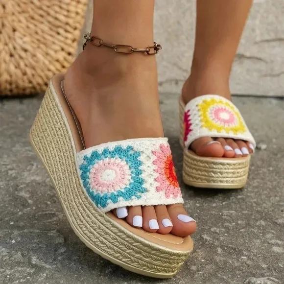 Women'S Wedge Heels Thick Bottom Colorful Braided Embroidery Beach Sandals
