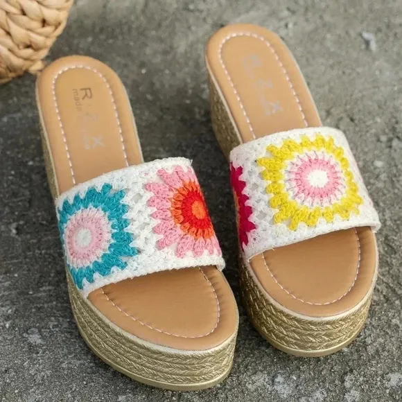 Women'S Wedge Heels Thick Bottom Colorful Braided Embroidery Beach Sandals