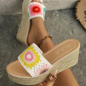 Women'S Wedge Heels Thick Bottom Colorful Braided Embroidery Beach Sandals