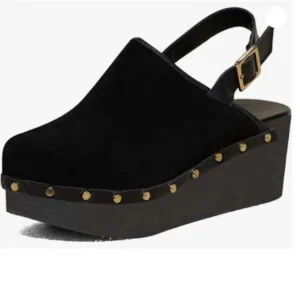 XYD Women Retro Rivets Closed Toe Slingbacks Sandals Wedge Heel Platform Black