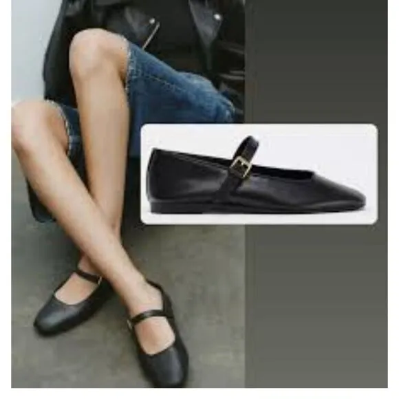 Zara black Buckle Leather Ballet Flats Shoes Size EU 38/US 7.5