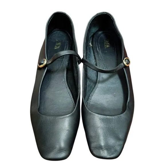 Zara black Buckle Leather Ballet Flats Shoes Size EU 38/US 7.5