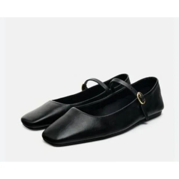 Zara black Buckle Leather Ballet Flats Shoes Size EU 38/US 7.5